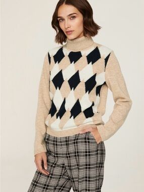 A.P.C. July Argyle Turtleneck Sweater 100% Virgin Wool Size S